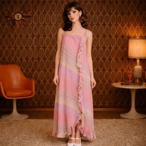 Vintage Alice Maloof Ruffled Nightgown Dress Size XS Lingerie 1960s Candy Stripe